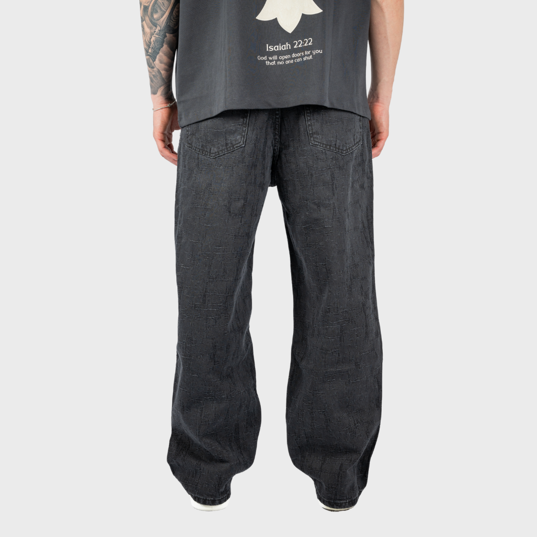 Black Island Geometric Textured Black Denim Pants