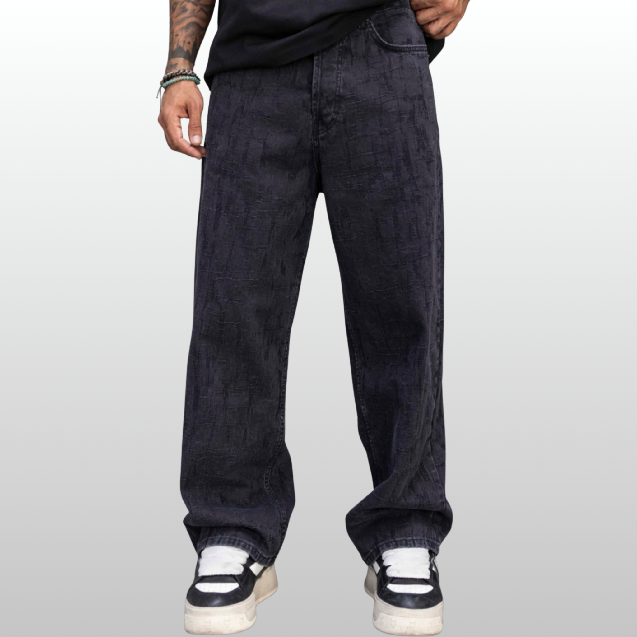 Black Island Geometric Textured Black Denim Pants
