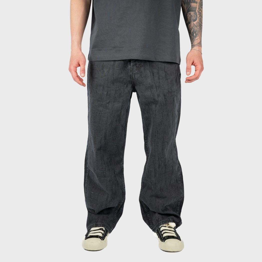 Black Island Geometric Textured Black Denim Pants